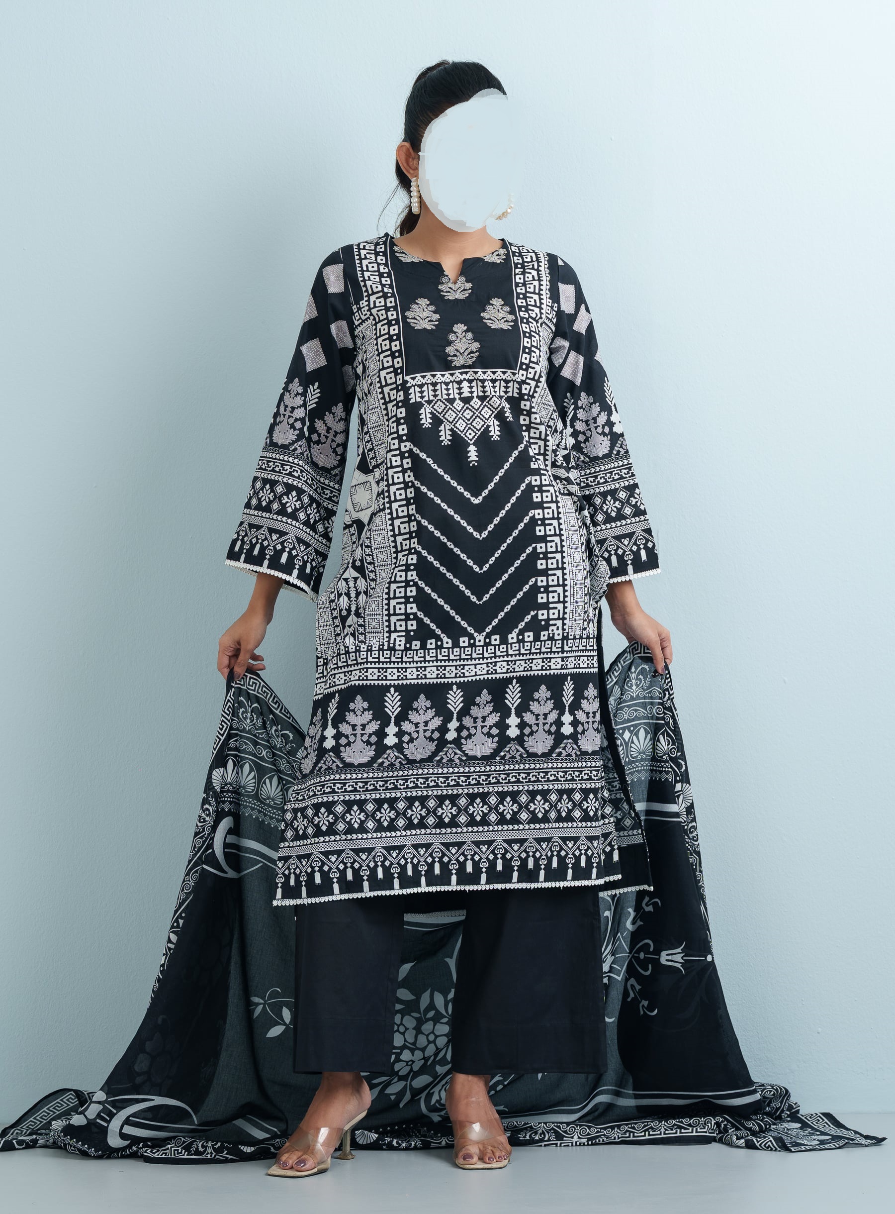 Black Cotton Printed Three Piece - Image 2