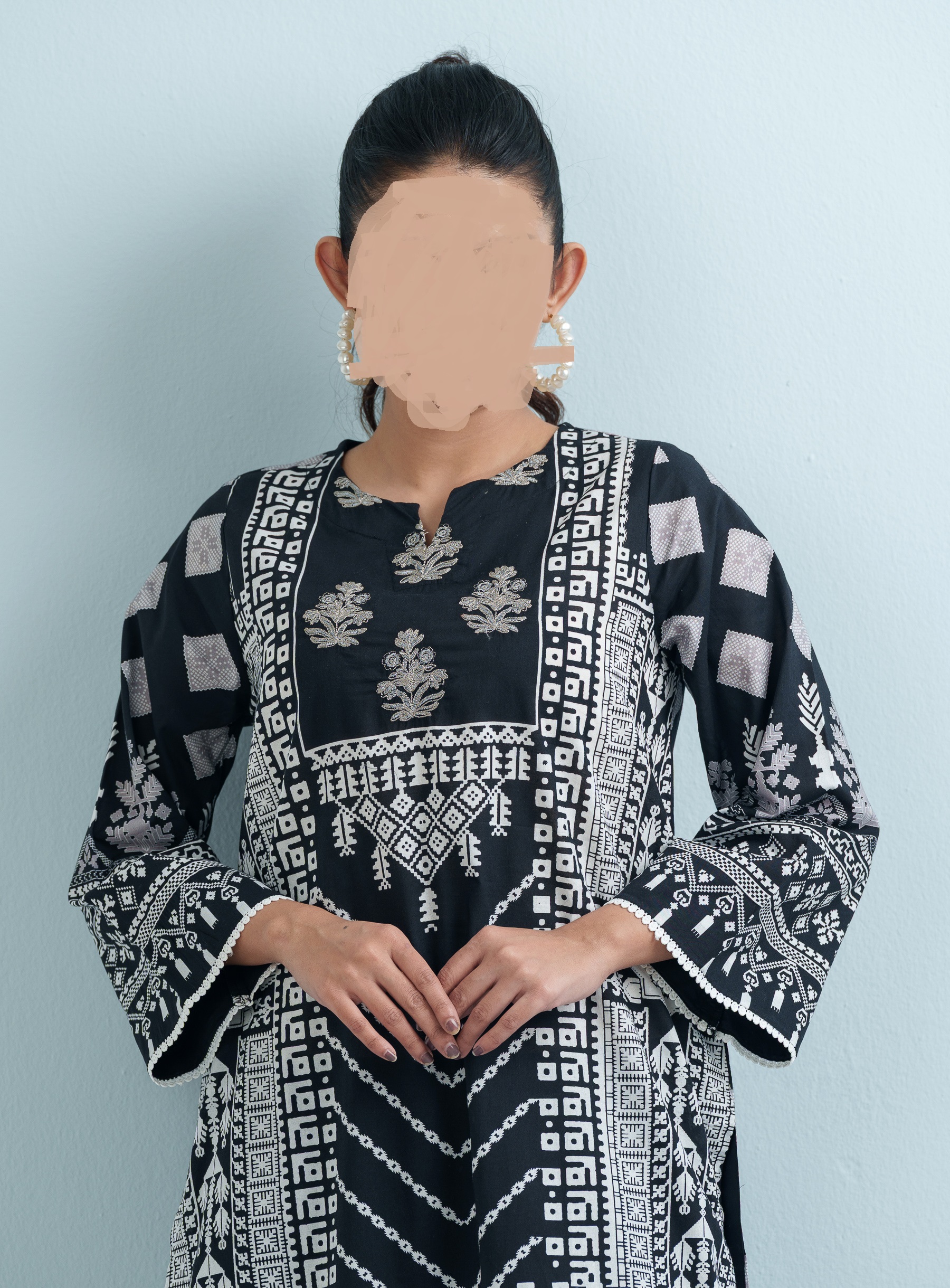 Black Cotton Printed Three Piece